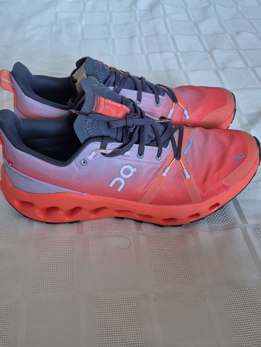 On Running Men's Cloudsurfer Trail Waterproof Athletic Sneaker in Coral 10